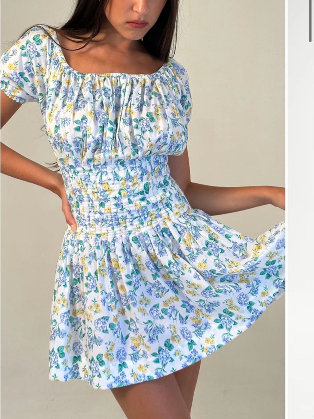 Frankie's Bikinis White Mini Dress with Blue and Yellow Floral Print